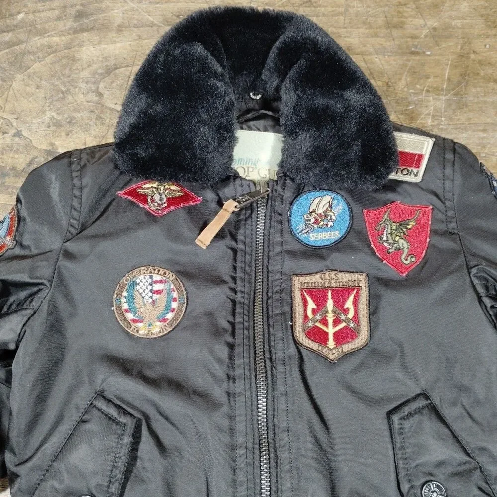 Tommy Top Gun Bomber Jacket Coat 2T Black Patches Military Full Zip Faux Fur
